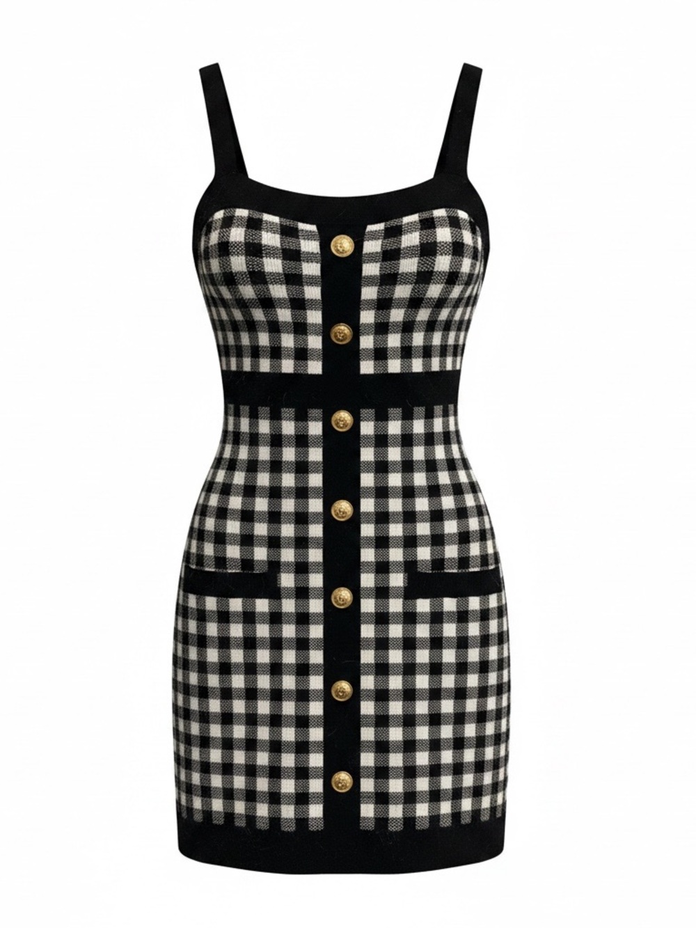CoCo Shay Black & White Gingham with Gold colored Buttons Mini Dress